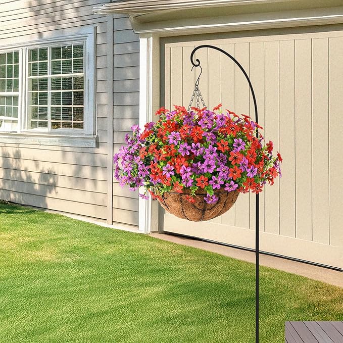 INQCMY Artificial Flowers Hanging Baskets for Outdoors Spring Decor, 12 Bundles Fake Plants Faux Silk Daisy with Eucalyptus Stem UV Resistant for Outside Patio Balcony Garden(Red Purple)