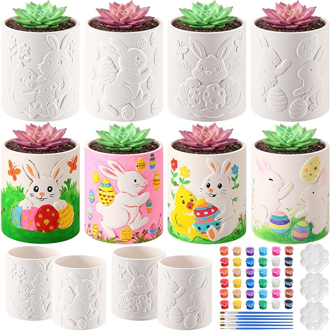 Zubebe 12 Pcs Easter Paint Your Own Bunny Ceramic Pots Bulk Unfinished Succulent Pots Painting Kits with Drainage Hole Mini Paintable Vase Ready to Paint Easter Gifts Basket Stuffers for DIY Craft