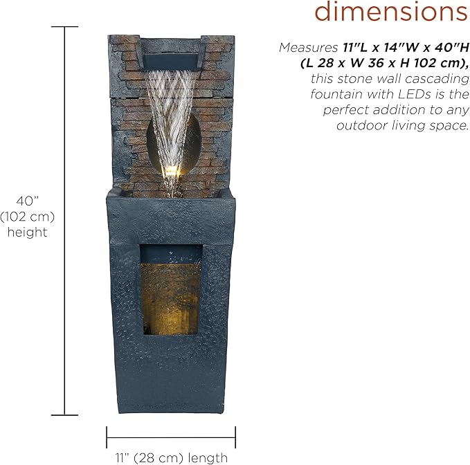 Alpine Corporation TZL398 40" Stone Wall Cascading Fountain with LED Lights, Elegant Outdoor Water Feature for Garden, Patio, Backyard & Home Decor, Relaxing Waterfall Fountain, Gray