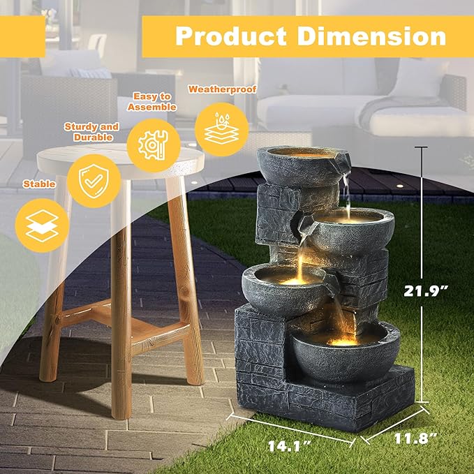MAGIC UNION Outdoor Water Fountain, 4 Tiers Cascading Bowls Waterfall Indoor Fountain Garden Decor w/LED Lights, Outside Patio Resin Stacked Stones Fountains for Yard, Deck and Porch (Light Gray)