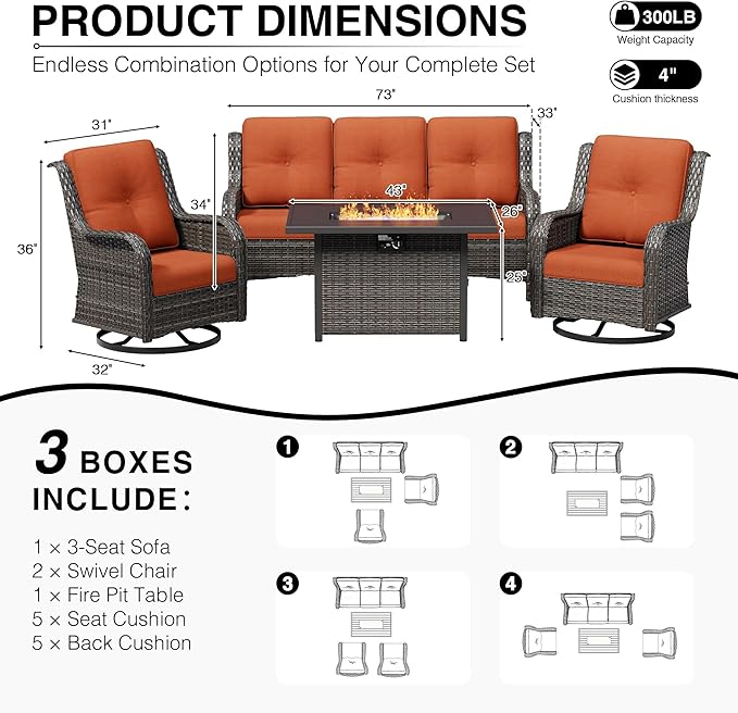 Joyside 4 Piece Wicker Patio Furniture Set with Fire Pit Table, Outdoor Swivel Rocker Patio Chairs with High Back, Deep Seating, Wide Armrest, Thickened Cushions, Outdoor Furniture for Deck, Porch Use