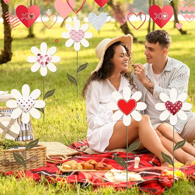 Nuanchu 5 Pcs 27.4" Metal Valentine's Day Yard Signs Valentine Yard Sign Stake Waterproof Love Heart Flower Lawn Signs Valentine Outdoor Decorations for Outside Garden Patio Pathway Home Decor