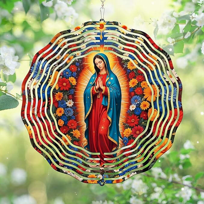 FLAGWIX Christian Gifts for Women Faith - Virgen de Guadalupe 3D Stainless Steel Metal Wind Spinners 12 in - Our Lady of Guadalupe Wind Spinner Outdoor, Religious Gifts for Mom Grandma
