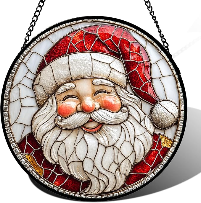 HWRHTR Stained Glass Window Hanging - Red White Santa Claus Suncatcher for Doors Home Christmas Decoration Winter Sun Catcher Thanksgiving New Year Birthday Gifts for Women Men Mom Nana Girl 9.8 in