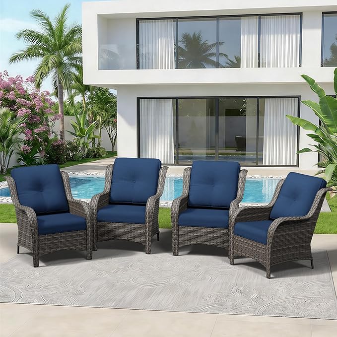 4 Piece Outdoor Wicker Patio Furniture Set, Patio Chairs Set of 4 with Thickened Olefin Cushions, High Back and Deep Seating, Hand-Woven PE Rattan for Porch, Deck, Blue