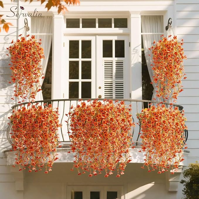 Serwalin 4PCS Artificial Mums for Outdoors, Realistic Silk Artificial Fall Flowers for Outside, Patio, Garden, Porch, Window（Fall Orange,4PCS