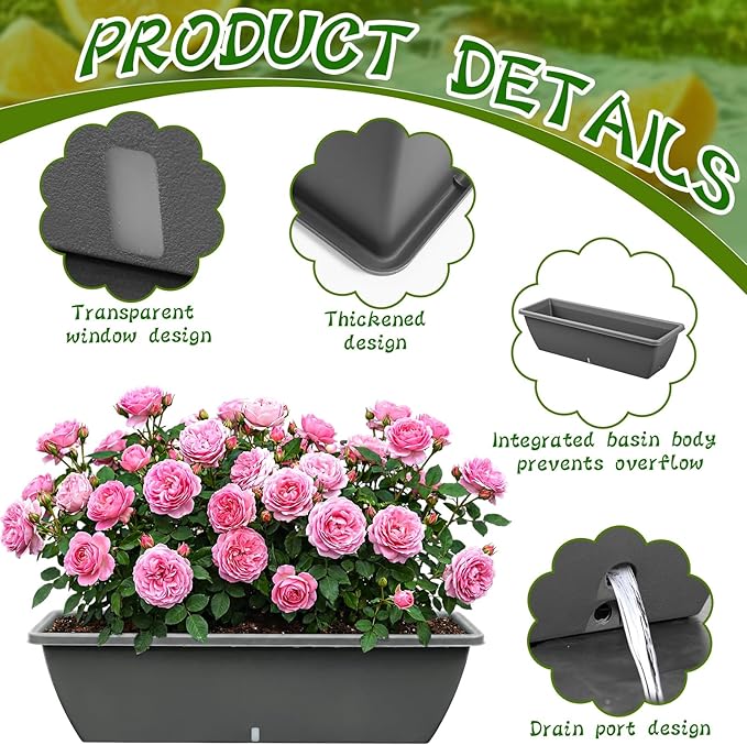 8 Pack 24 Inches Plastic Flower Window Box Planters with Water Absorbing Net Drainage Holes & Visible Water Level Window, Rectangular Vegetable Flower Pots for Indoor Outdoor Garden(Gray)