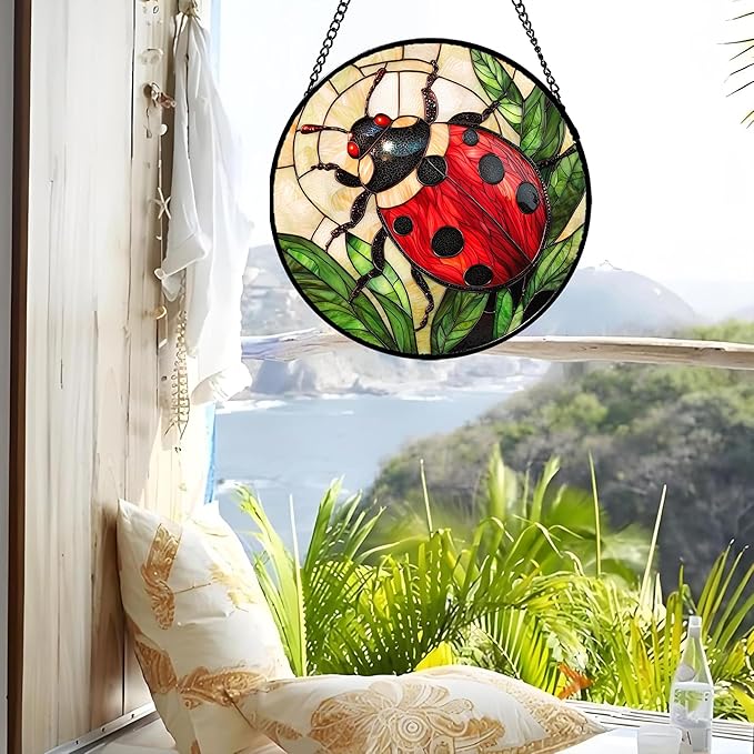 AMDERVEN Stained Glass Window Hanging - Red Seven-Spotted Ladybug Sun Catcher for Door Home Decor Insect Suncatcher Christmas Mother's Day Birthday Gifts for Women Men Mom Nana 7.8 in