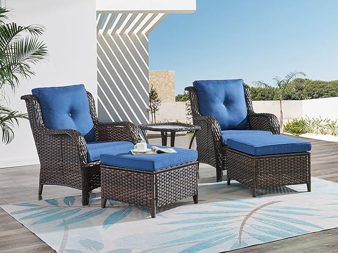 HUMMUH 5 Pieces Patio Bistro Set Wicker Patio Chairs Set of 2 with Ottomans and Side Table Rattan Outdoor Furniture Conversation Set for Yard,Garden,Porch…