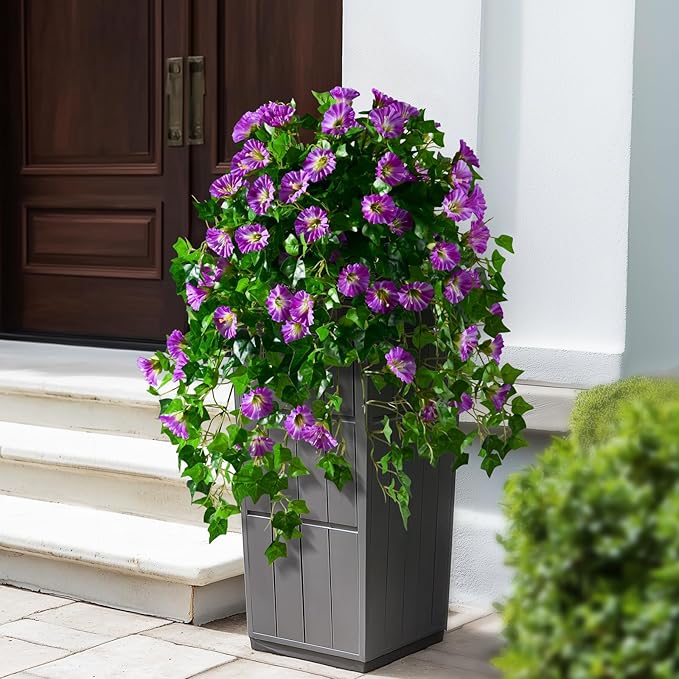 Morning Glory Artificial Hanging Flowers for Outdoors 3 Pcs Fake Petunias Flower Faux Silk Long Trailing Vines Realistic Flower for Front Door Porch Patio Balcony Garden Yard Decor (3 Pcs Purple)