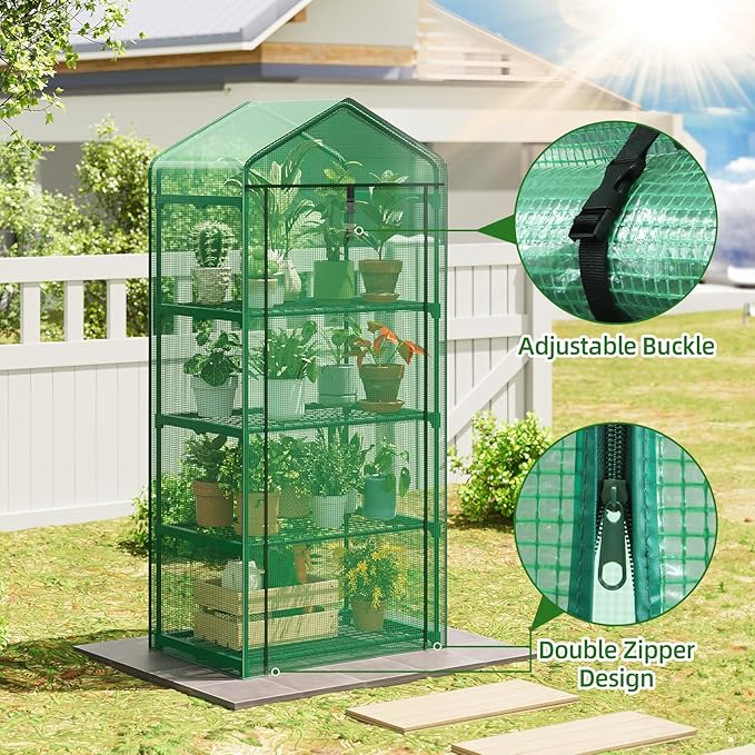 Superlele 4-Tier Mini Greenhouse for Indoor Outdoor, 19.3x27.2x62in Vertical Plant Green House with Adjustable Shelves, Reinforced Green PE Mesh Cover and Zippered Door, Heavy Duty Steel Frame