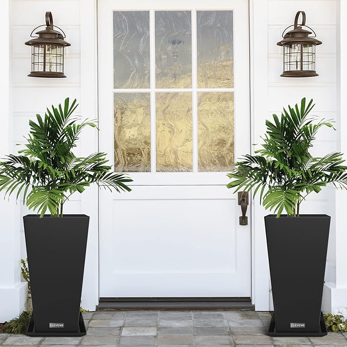 Elevens Outdoor Planter Larger Flower Pots Indoor Taper Garden V-Shape Tall Planters 28 inches Garden Pots Planter with 2 Trays - Black（2 Packs）, 28"-2 Pack (A-GE01002)