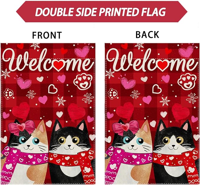 Welcome Valentine’s Day Garden Flag Romantic Love Heart Couple Cats Paw Yard Flag 12x18 Inch Double Sided Small Mini Yard Outdoor Outside Holiday Decoration