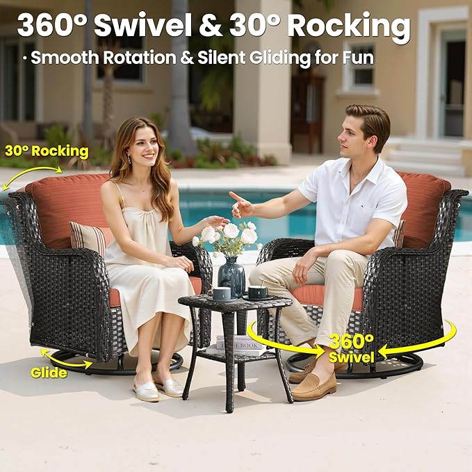 ovios 10 Pieces Patio Furniture Set, Outdoor Wicker Sofa Couch with Swivel Chairs 54" Fire Pit Table, High Back Modern All Weather Conversation Sets, Brown Rattan, Orange Red