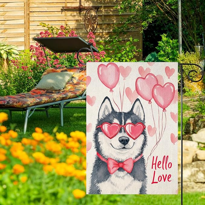 Valentine's Day Husky Hello Love Garden Flag, House Yard Plaid Love Heart Outside Decoration, Spring Holiday Wedding Anniversary Outdoor Small Decor 12x18(12630)