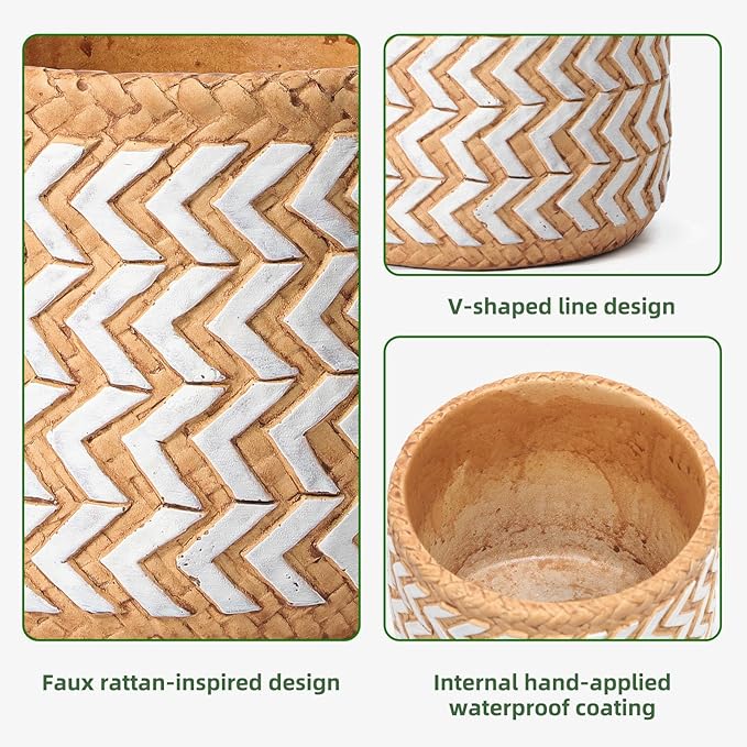vomiceak Concrete Rattan-Style Plant Basket Planter, 5" Outdoor Indoor Plant Pots with Drainage Hole, Boho Flower Pot for Succulents, Herbs, Modern Farmhouse Decor, Ideal Gift for Plant Lovers