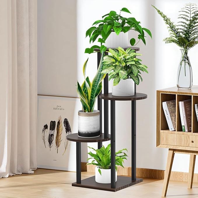 YOCOMEY Plant Stand Indoor, 4 Tier Thickened Metal Corner Plant Shelf for Multiple Plants, Indoor Plants Tiered Flower Pot Stand for Patio Garden Balcony Living Room Bedroom(Black Oak)