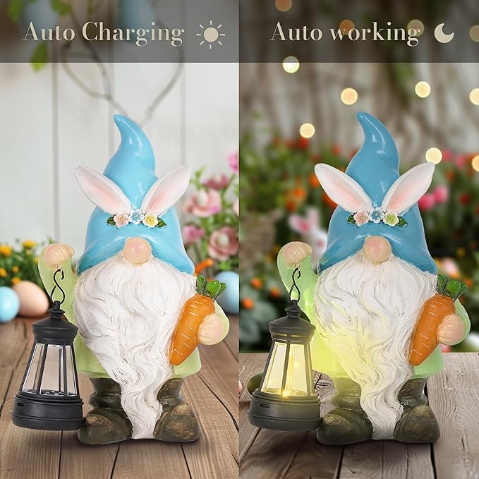 TERESA'S COLLECTIONS Easter Bunny Gnome Decorations with Solar Outdoor Light for Garden Decor, Spring Resin for Outside, Decorations for Patio Home Yard, Ideal Gifts for Dad and Mom, 8"