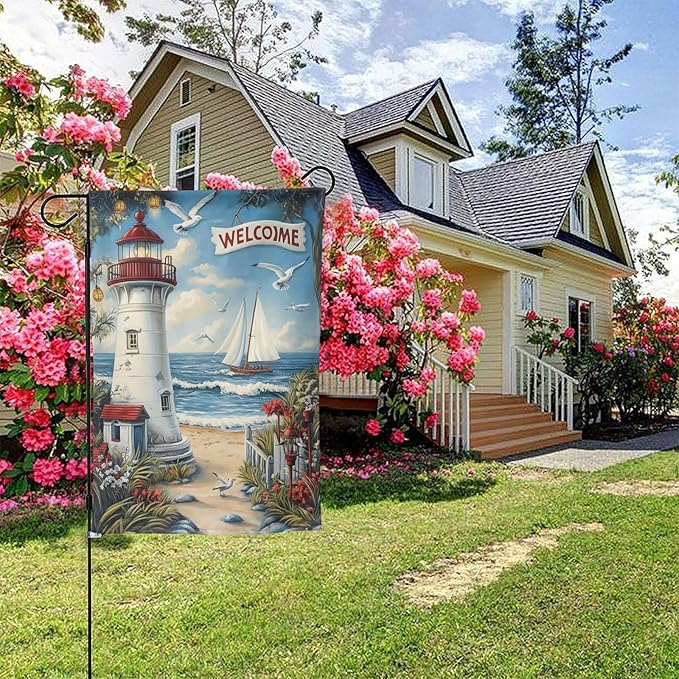 Lighthouse With Beach Garden Flag 12x18 Inch Double Sided All-Weather Polyester Outdoor Flag For Patio Lawn Yard And Garden Welcome Decor