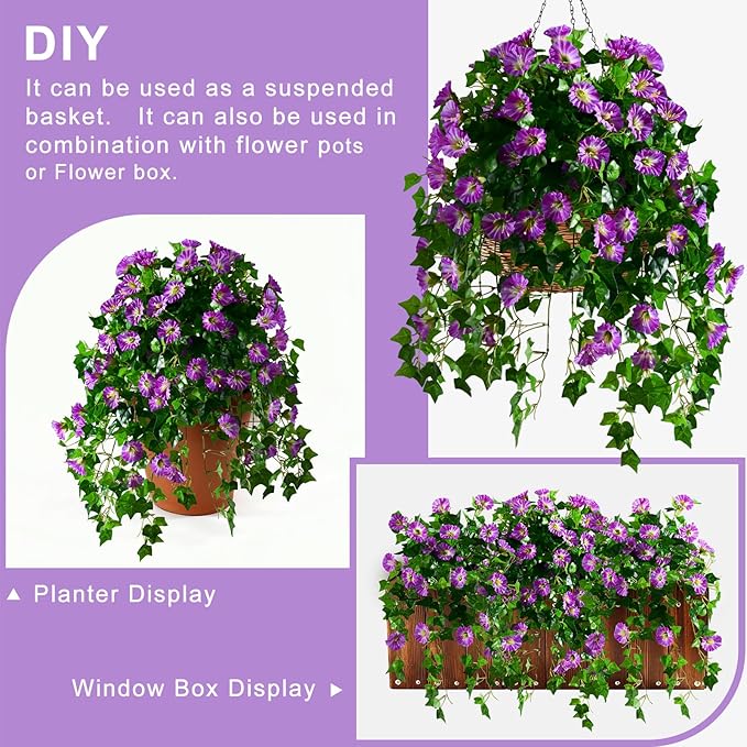 Morning Glory Artificial Hanging Flowers for Outdoors 3 Pcs Fake Petunias Flower Faux Silk Long Trailing Vines Realistic Flower for Front Door Porch Patio Balcony Garden Yard Decor (3 Pcs Purple)
