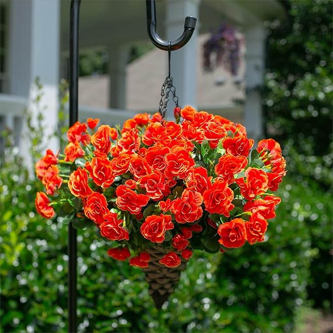 Artificial Faux Flowers Plants for Spring Outdoor Outside Decor, Fake Silk Orange Camellia UV Resistant Look Real for Autumn Planter Porch Patio Balcony Garden Yard Decoration, 3 Large Bundles
