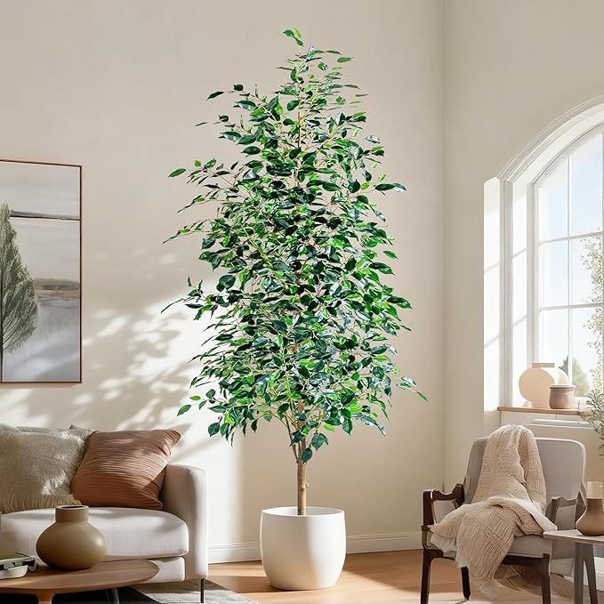 8FT Artificial Ficus Trees Indoor Faux Trees Indoor Fake Floor Plants Tall Artificial Tree with White Pot Faux Tree Fake Indoor Tree Silk Plants Artificial Trees for Home Decor Indoor