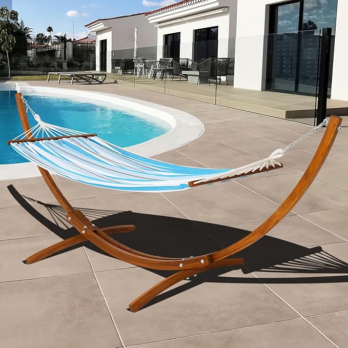 Lazy Daze Hammocks Cotton Fabric Spreader Bar Hammock and 10.5 Ft Wood Arc Hammock Stand Combo, for Indoor, Outdoor, Patio, Backyard, Blue and White