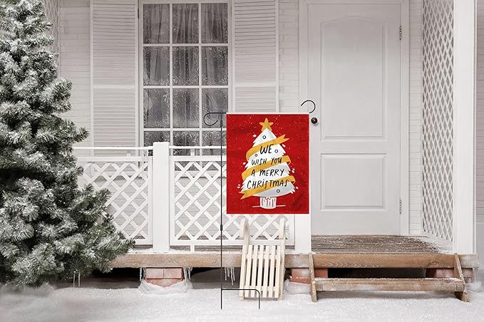 AGAS We Wish you a Merry Christmas Tree Garden Flag 12 x 18 Inch - Small Christmas Flags for Outside, New Year Decorations, Holiday Garden Flags for Outside - No Pole Included