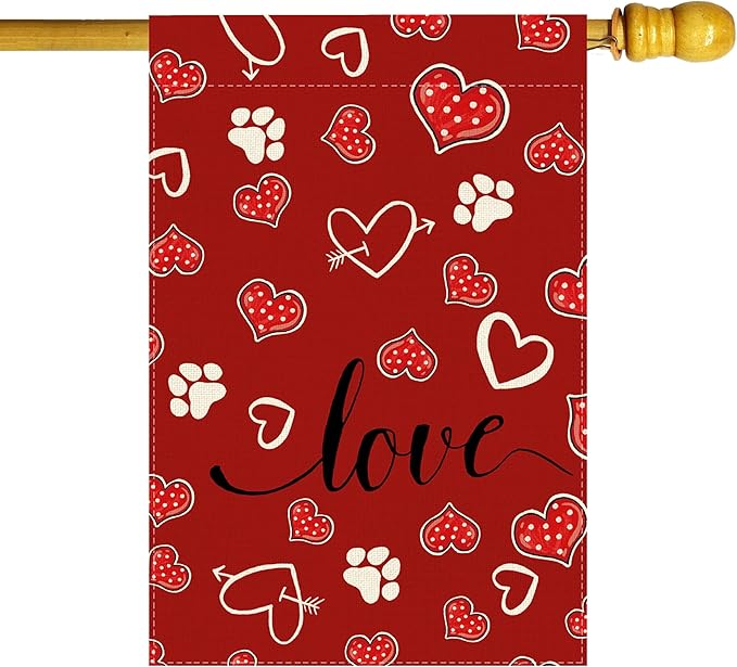 Red Love Heart Dog Paw Print Valentine’s Day House Flag large 28X40 Inch Big Vertical Double Sided Yard Outdoor Outside Holiday Decoration
