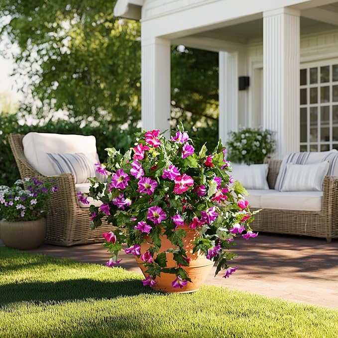 Artificial Morning Glory Flowers Plants for Outdoor 2Pcs Faux Silk Petunias Flower Realistic Faux Flowers Plants for Outside Planter Porch Yard Patio Balcony Home Indoor Decor (2 Pcs Fuchsia)