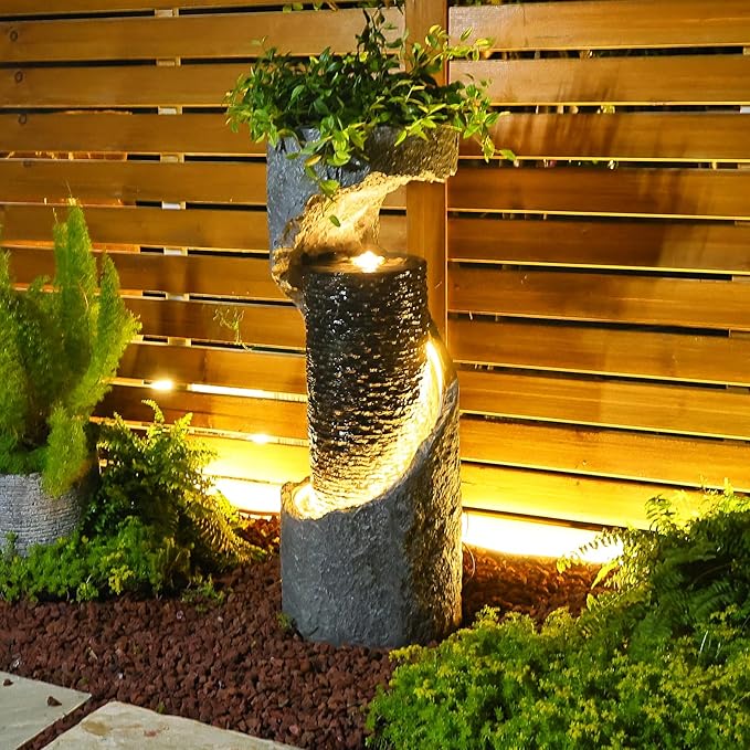 Water Fountain Outdoor 35.4" H Modern Outdoor Fountains and Waterfalls Flooring Standing Indoor Fountain with LED Lights and Pump for Garden, Patio, Deck, Backyard, Porch and Home Art Decor