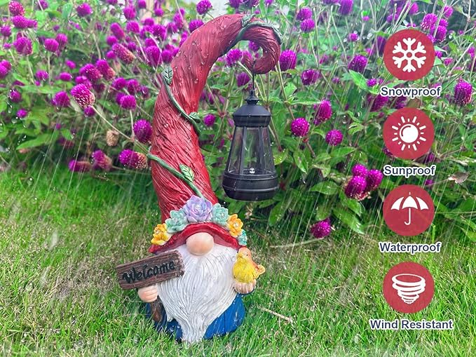 Gnome Garden Decor Statue - Solar Lantern Christmas Gnomes Decorations for Yard with Succulent and 6 LED Lights Outdoor Decoration for Patio