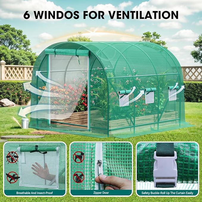 10x7x7 FT Greenhouse for Outdoors with Watering System, Winter Portable GreenHouses with Dual Zippered Door and 6 Roll-up Windows, Large Walk-in Green Houses with Heavy Duty Reinforced Frame