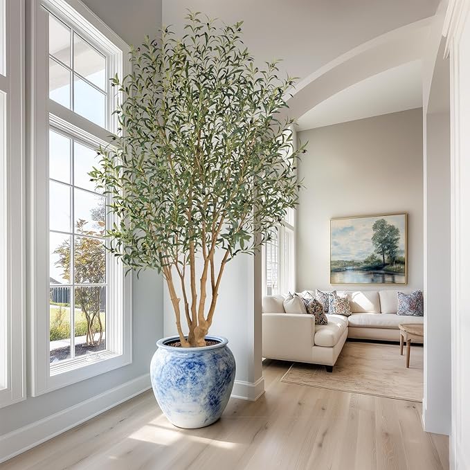 Nafresh Majestic Faux Olive Tree 8ft – Artificial Olive Tree Indoor & Outdoor with Lifelike Leaves & Textured Branches for Living Room, Office, Entryway,Patio