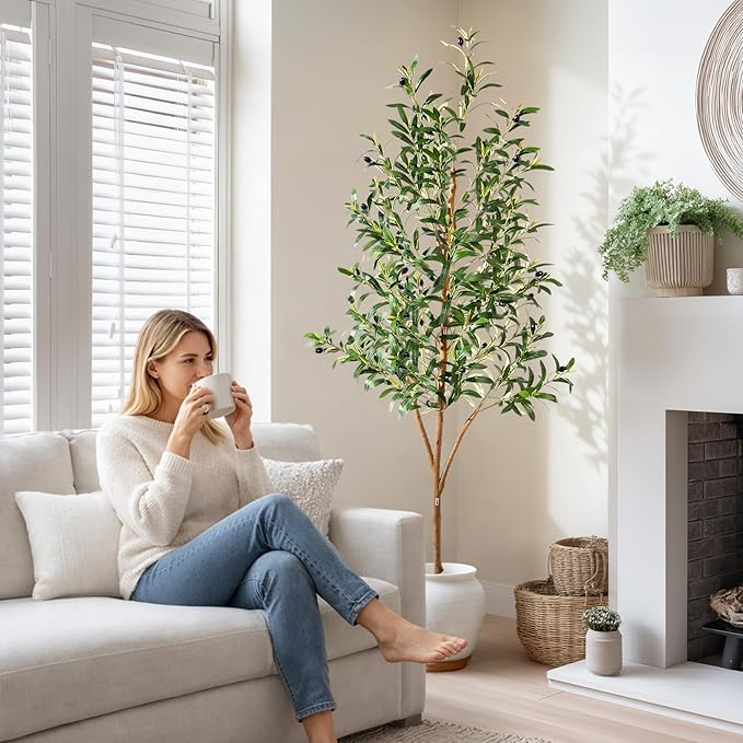 Tall Faux Olives Trees Large Artificial Olive Tree Indoor Outdoor Realistic Floor Plant Fake Flowers Plants for House Home Living Room Bedroom Office Front Porch Modern Farmhouse Boho Decor