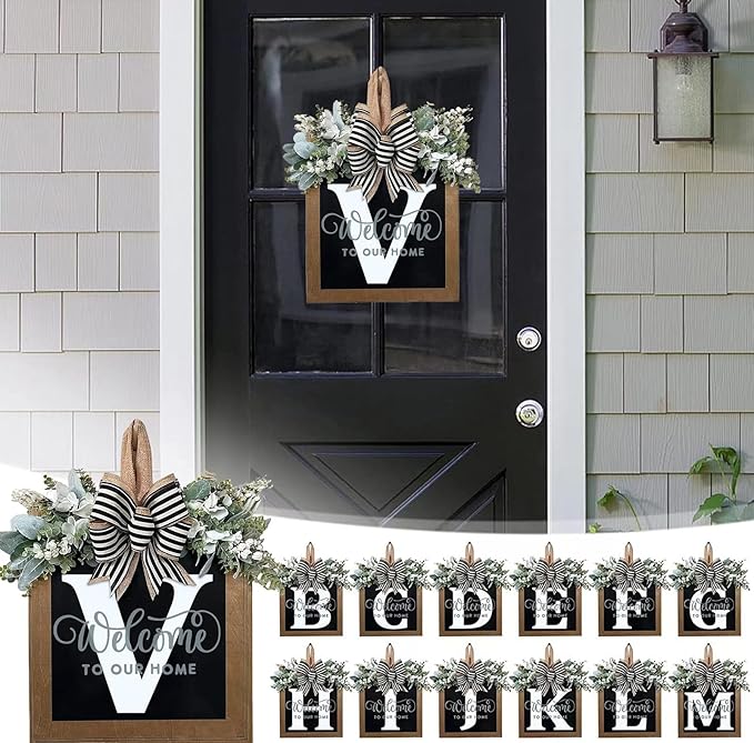 Last Name All Year Wreath, for Front Doors, Spring, Fall, 26 Last Name Letters All Year Round Wreaths, Suitable for Wedding Decorations, Home Porches, Farmhouses, Yards, Garden Decorations, Gifts (V)
