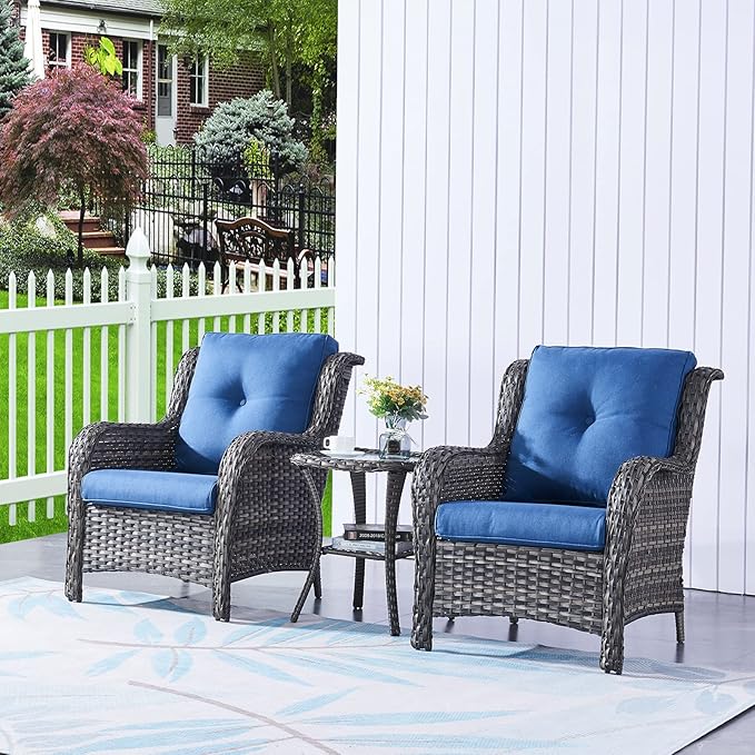 HUMMUH 3 Pieces Patio Bistro Set Wicker Patio Chairs Set of 2 with Tempered Glass Top Side Table Rattan Outdoor Furniture Conversation Set for Yard,Garden,Porch