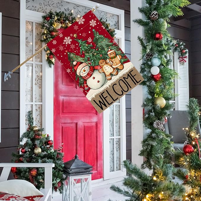 Welcome Winter Snowman Gingerbread Man Pine Trees Christmas House Flag large 28X40 Inch Big Vertical Double Sided Yard Outdoor Outside Holiday Decoration