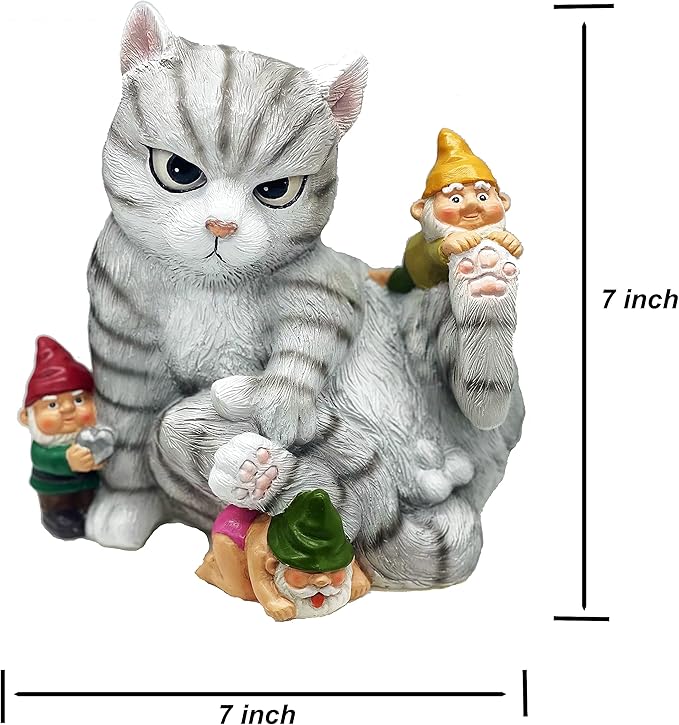 FICITI Add a Playful Touch to Your Garden with Our Cat and Gnomes Garden Statue - Perfect for Cat Lovers and Garden Enthusiasts - 8.5 Inces