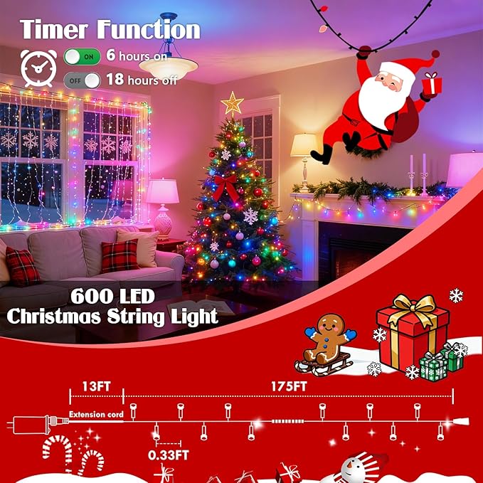2025 New 188FT 600LED Smart Color Changing Christmas String Lights Outdoor App Control RGB LED String Lights with Remote & Timer, Waterproof Twinkle Christmas Tree Lights Indoor For Holiday Xmas Decor