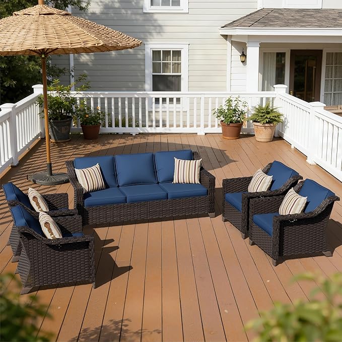 5 Pieces Patio Conversation Furniture Set - 1 Sofa, 4 Armchairs, Outdoor Wicker Furniture with Removable Cushions for Porch, Balcony, Sunroom (Blue)