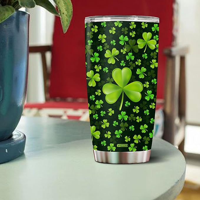 WONWIX Personalized Green Irish Shamrocks Tumbler For Women with Lid Insulated 20 oz Stainless Steel Water Bottle Coffee Cup Travel Mug Gift For Mom Daughter Wife Girls