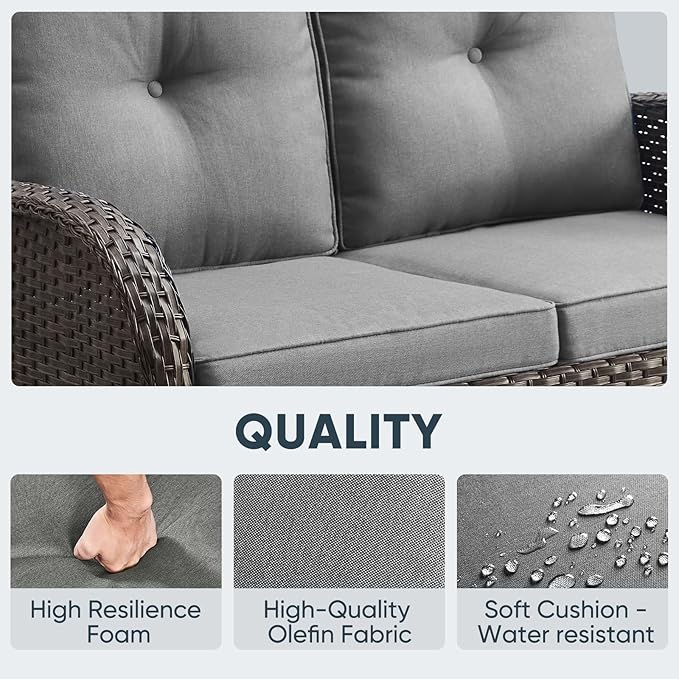 Belord 5 Piece Outdoor Conversation Patio Furniture Set - All-Weather Wicker Patio Rocking Chairs with Loveseat Glider Chair and Coffee Table for Patio Deck Porch Backyard Gray Cushion