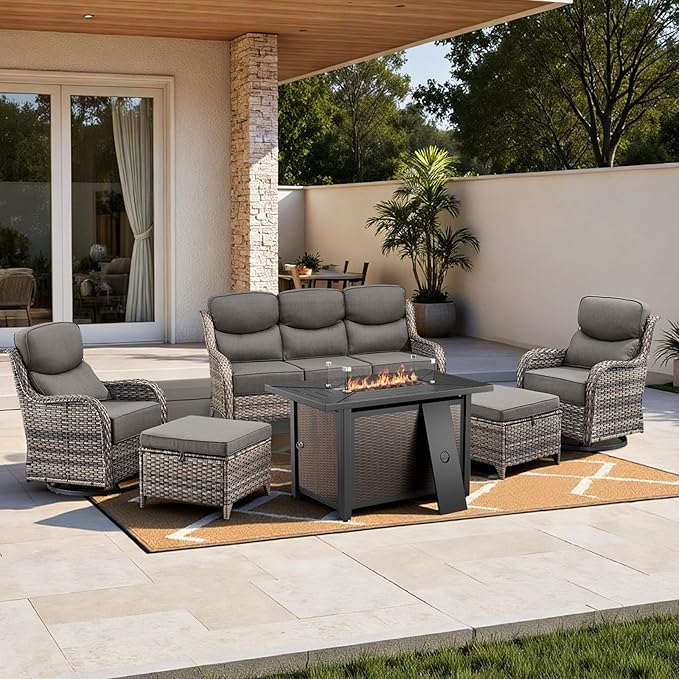 HUMMUH 6 Pieces Patio Furniture Set with Fire Pit High Back Outdoor Furniture Set 6-inch Cushions Wicker Patio Swivel Rocker Chairs for Balcony Garden,Lawn,Deck