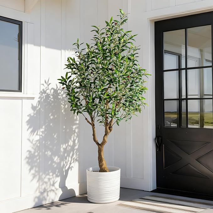 Erimda 6FT Faux Olive Tree with Tall Exquisite Planter Artificial Olive Tree Tall, Potted Fake Olive Plant with 1260 Real Touch Leaves, Indoor Outdoor Home Garden Office Decor