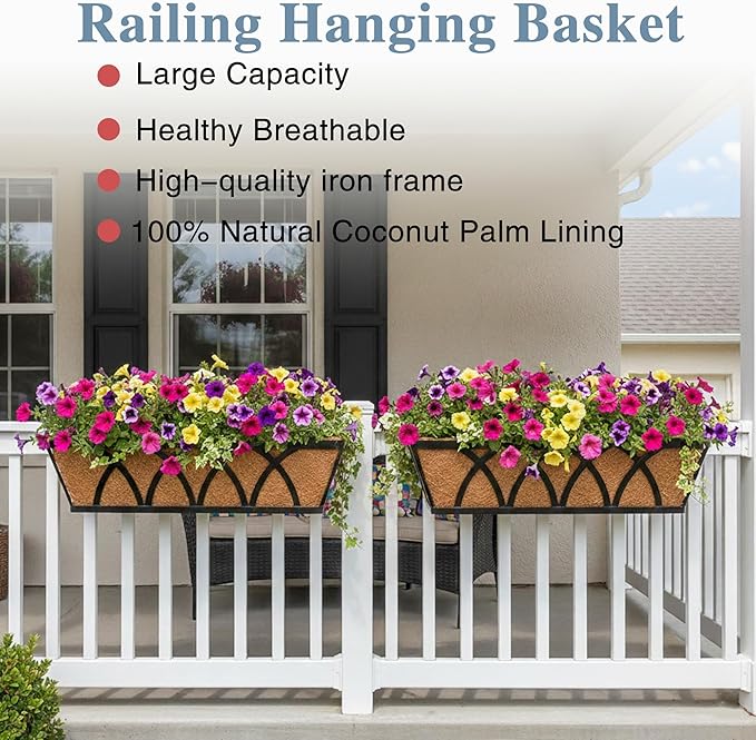 Window Deck Railing Planters Boxes with Coconut Liner, The Bottom Flat Window Boxes Planters Flower Boxes Metal Black Balcony Planter Railing Hanging for Outdoor Fence Porch Patio Lawn(4Pcs 24 Inch)