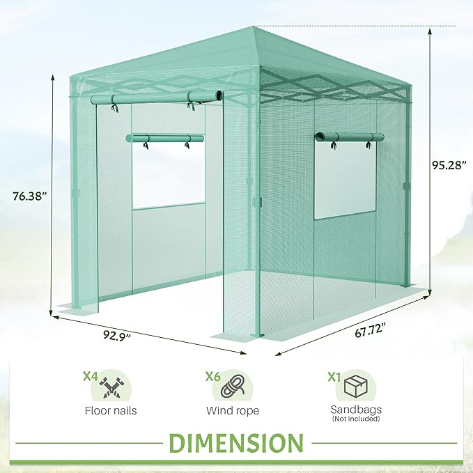 Greesum 8x6 FT Portable Pop-up Greenhouse with Center Lock, PE Cover, Zippered Door and 2 Roll-up Windows, Easy Assemble(Green)