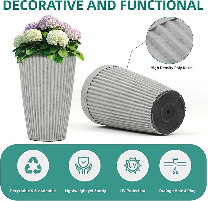 Autodaya 20" Tall Planters Set of 2, High-Density Resin Fluted Outdoor Pots for Plants, Versatile Indoor/Outdoor Flower Pots w/Drainage Holes for Patio, Garden, Porch & Living Room Decor, Ideal Gift