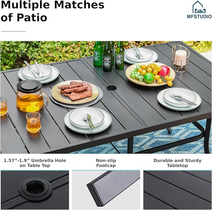 MFSTUDIO Patio Table and Chairs Set of 6, Metal Outdoor Dining Set with Umbrella Hole, 7 Piece Wrought Iron Patio Furniture Dining Set for Deck Backyard Garden