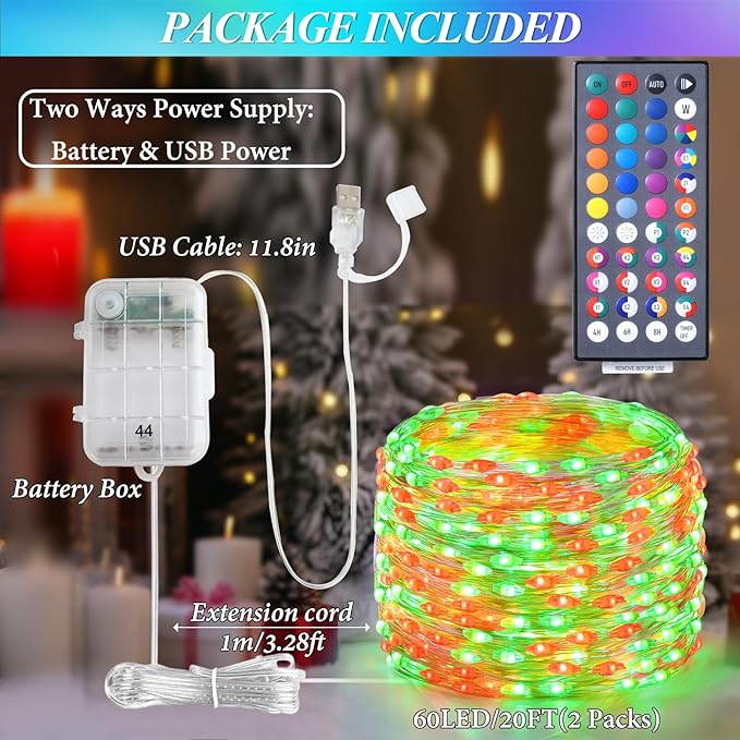 Lovelite Fairy Lights 34 Colors Changing, 2 Pack Total 40FT 120LED Easter String Lights Battery Operated USB Plug in, Waterproof Twinkle Lights with Remote for Holiday Wedding Party Indoor Outdoor
